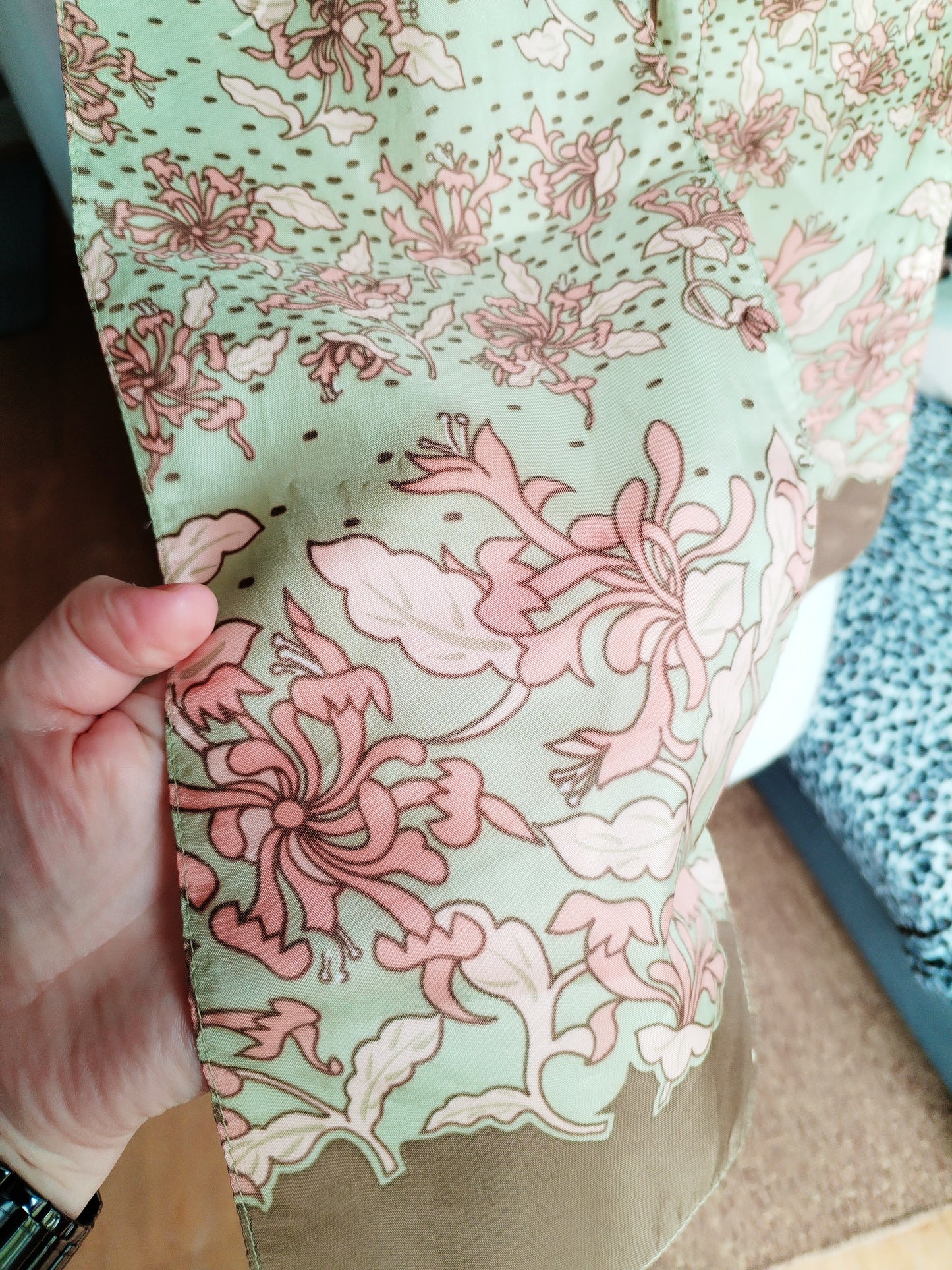 Green & peach floral vintage scarf