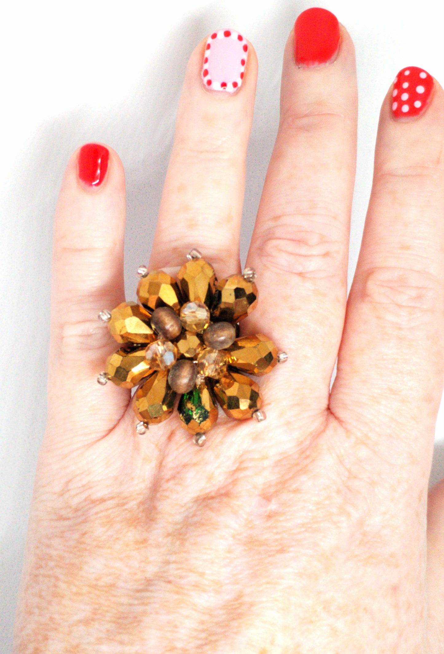 Amber crystal beaded flower ring