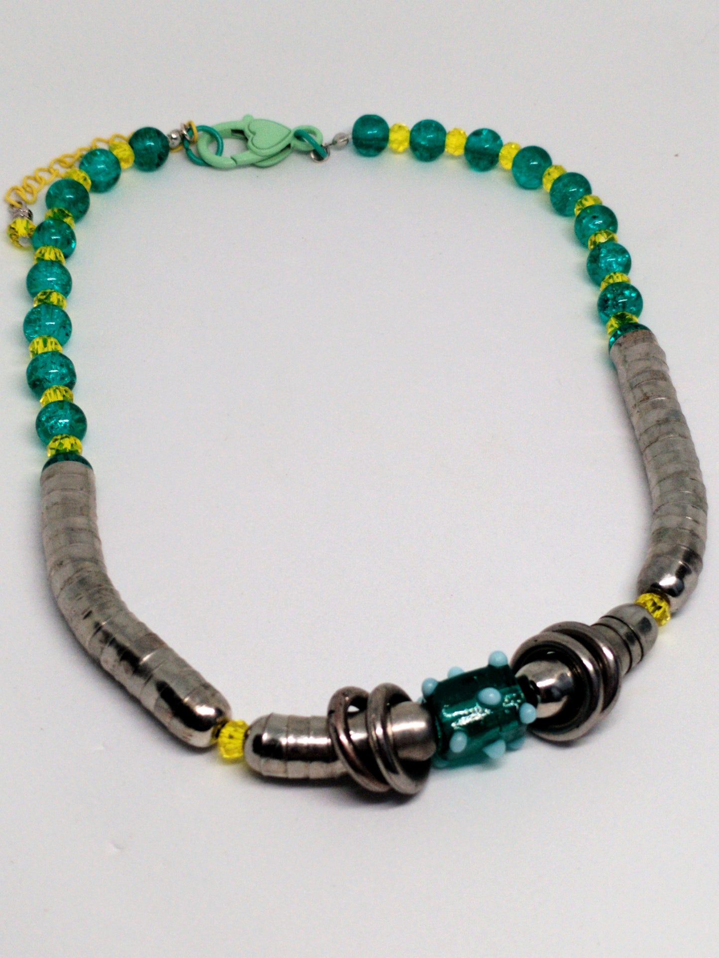 Chunky silver, turquoise & yellow beaded necklace