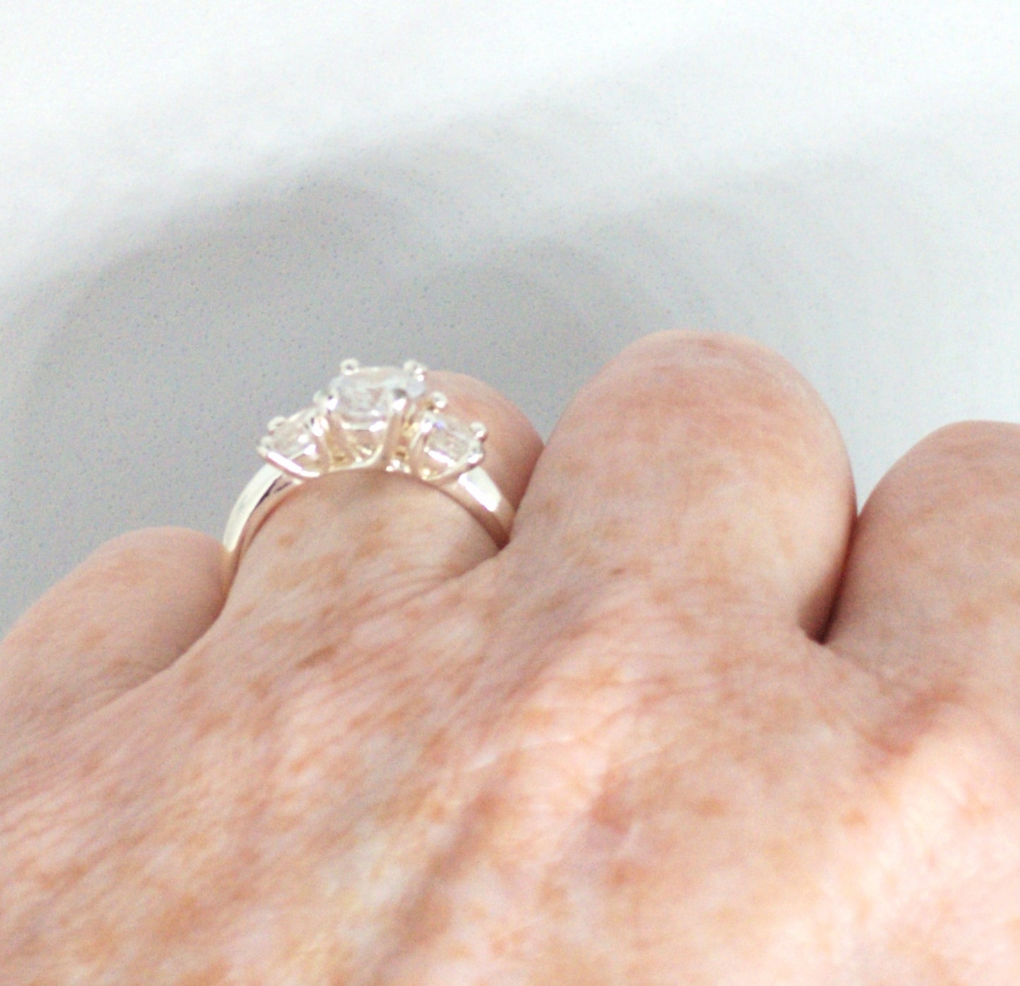 Silver triple stone crystal ring