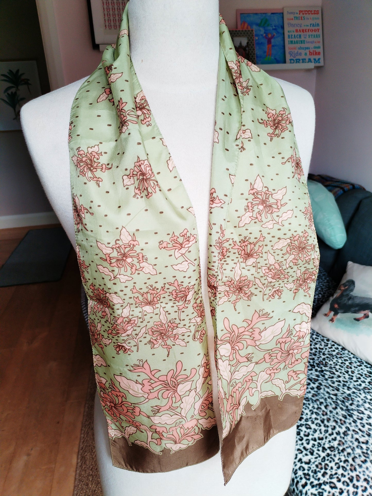 Green & peach floral vintage scarf