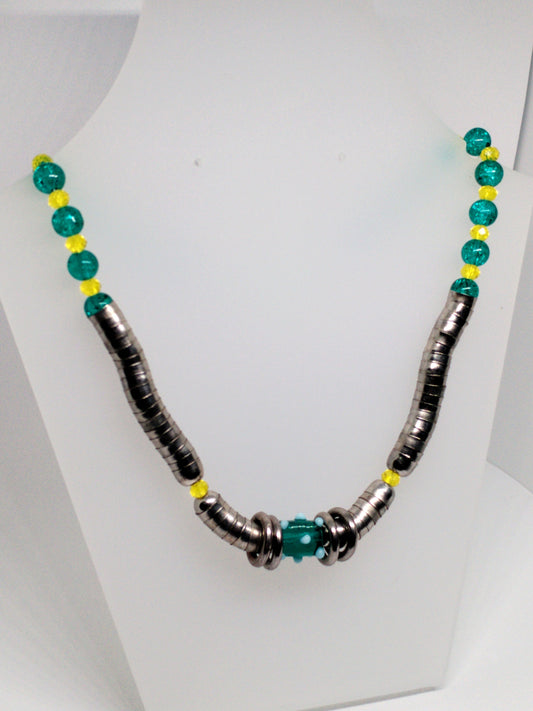Chunky silver, turquoise & yellow beaded necklace