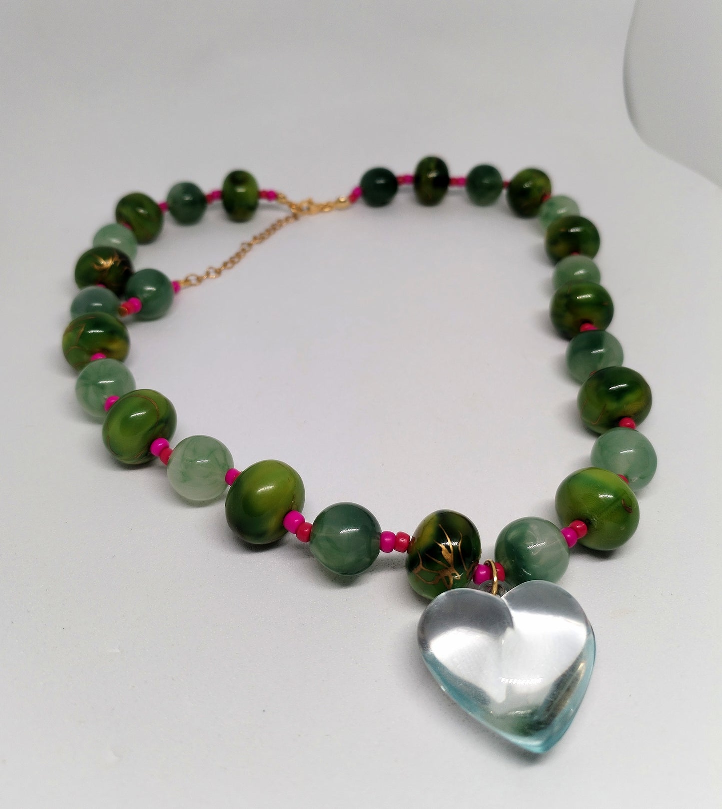 Green & pink heart beaded necklace