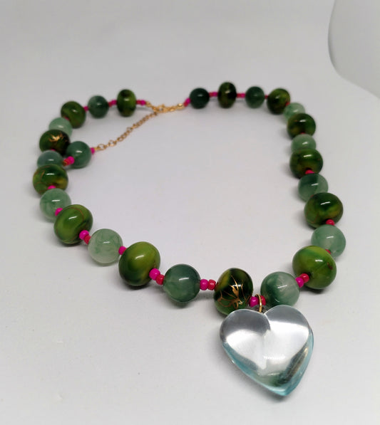 Green & pink heart beaded necklace