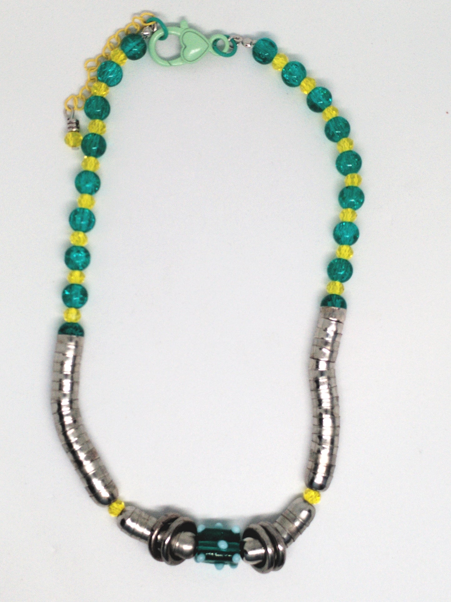 Chunky silver, turquoise & yellow beaded necklace