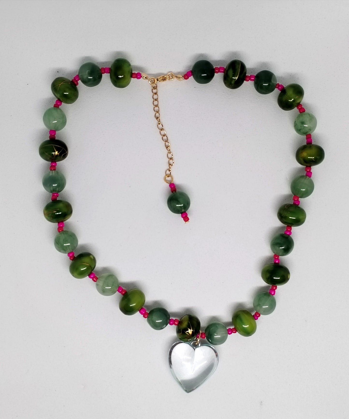 Green & pink heart beaded necklace