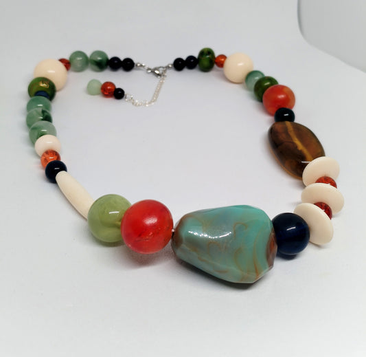 Turquoise, green & amber necklace
