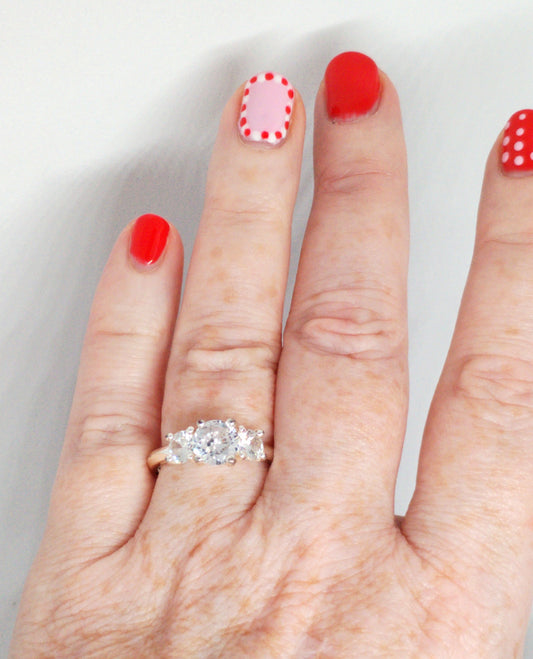 Silver triple stone crystal ring